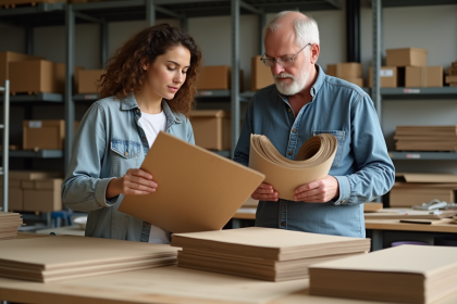 Jeune femme et homme comparant des cartons dans un atelier