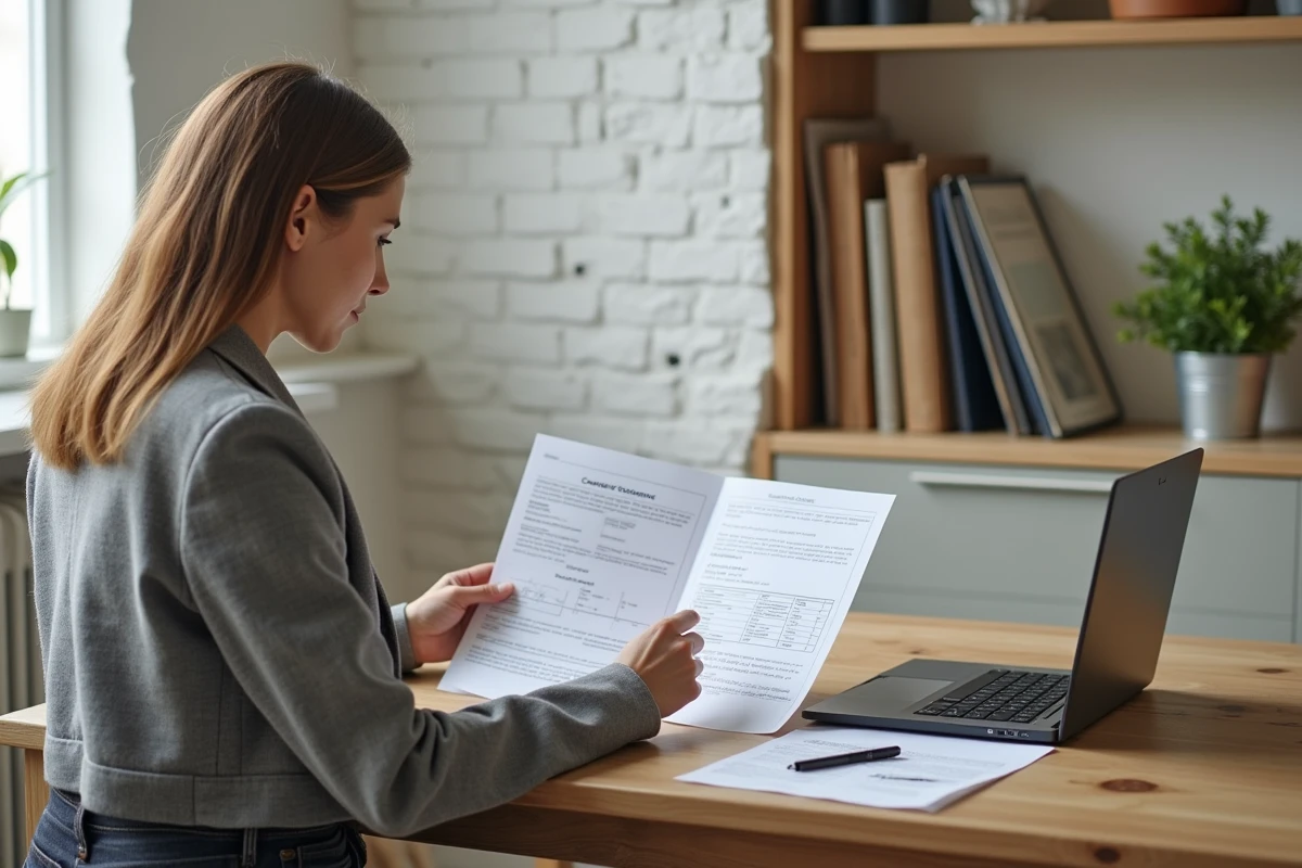 Femme comparant des devis travaux en ligne sur son bureau à domicile