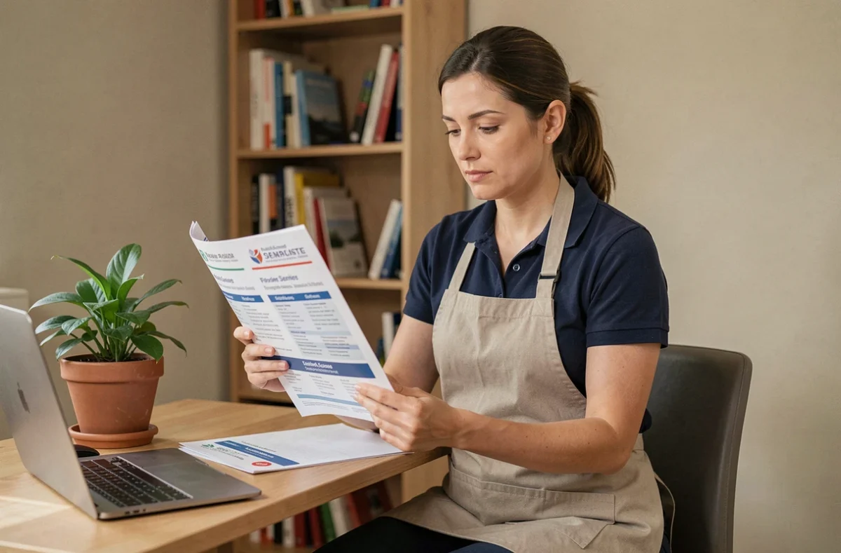 Une femme compare des offres de service de ménage à domicile en consultant des brochures professionnelles