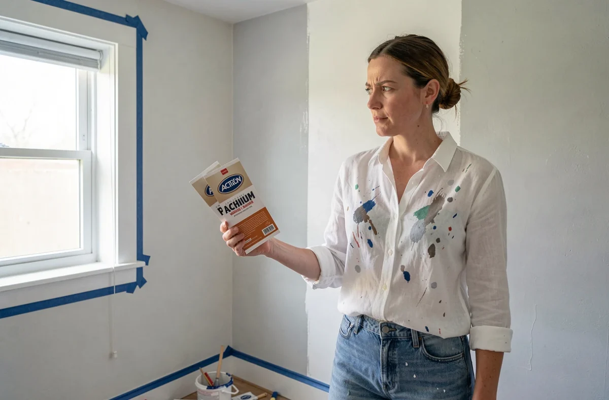 Femme comparant la qualité de la peinture Action blanche avec une peinture premium dans une chambre rénovée