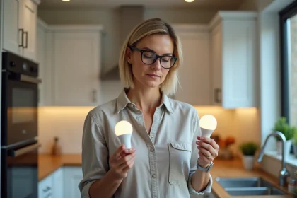 Femme examinant deux ampoules LED de tailles différentes dans une cuisine moderne pour comparer leur puissance perçue