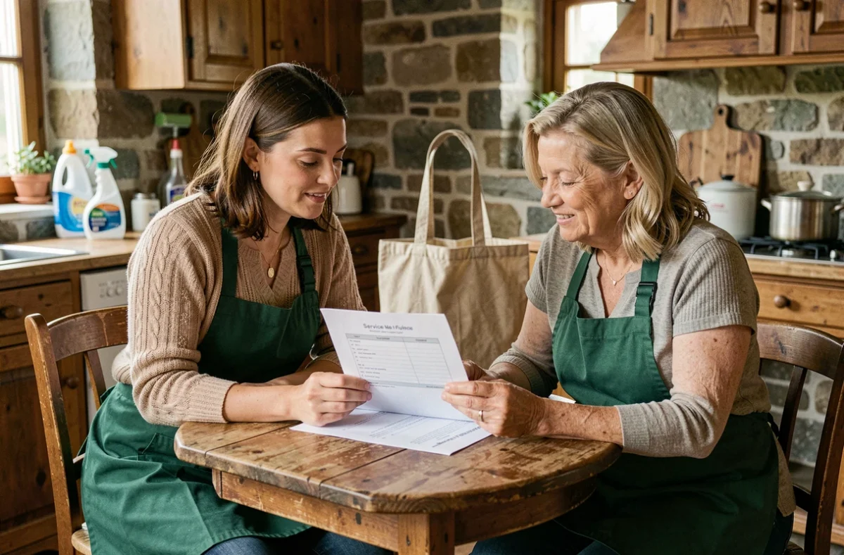 Deux professionnelles du ménage comparant des tarifs de prestation autour d'une table dans une ferme alsacienne