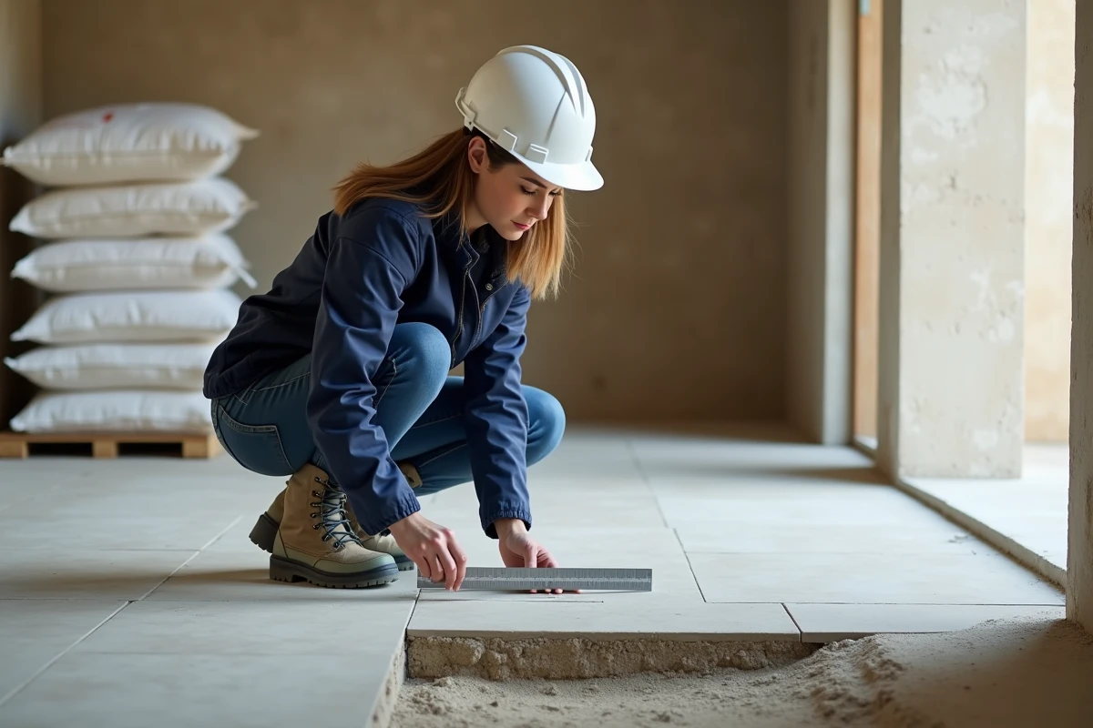 Conductrice de travaux inspectant l'épaisseur d'une chape béton sur un chantier de rénovation avec une règle graduée