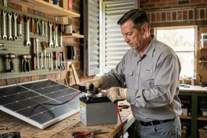 Homme connectant un câble de panneau solaire à une batterie AGM 12V dans un atelier de garage