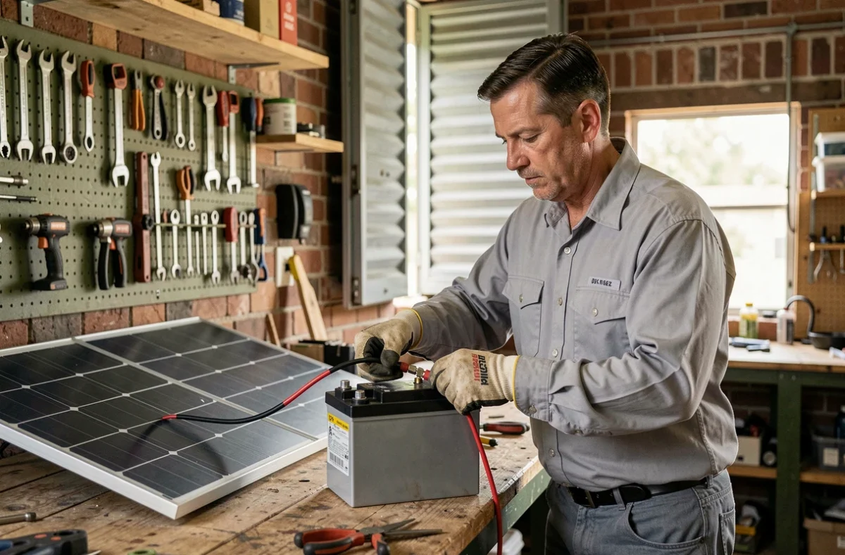Homme connectant un câble de panneau solaire à une batterie AGM 12V dans un atelier de garage