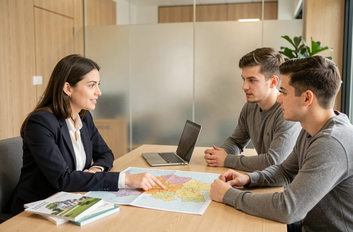 Conseillère immobilière présentant une carte de terrain à un jeune couple dans une agence du Nord