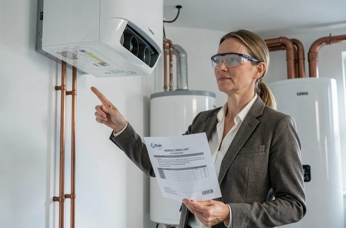 Conseillère en rénovation énergétique présentant une installation de pompe à chaleur intérieure dans un logement au Mans