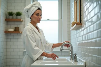 Femme en robe de chambre fermant un robinet de salle de bain pour économiser l'eau au quotidien