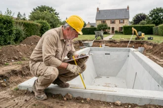 Constructeur de piscine inspectant un chantier de construction d'une piscine enterrée en Loire-Atlantique