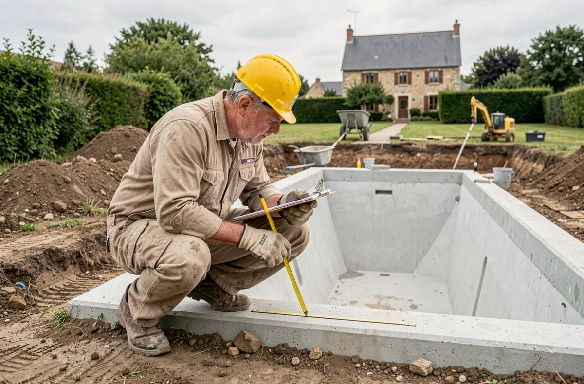 Constructeur de piscine inspectant un chantier de construction d'une piscine enterrée en Loire-Atlantique