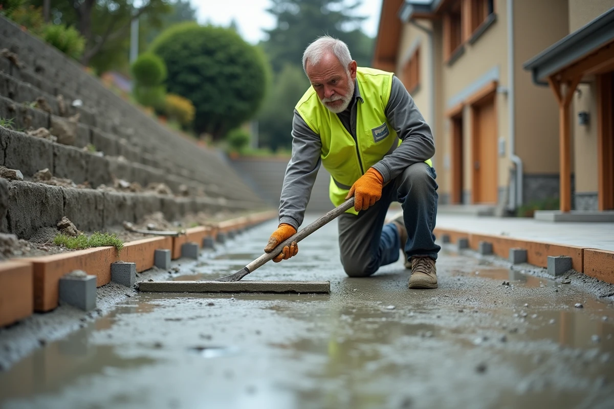 Ouvrier en train de lisser du béton frais sur une terrasse en construction dans un jardin en pente