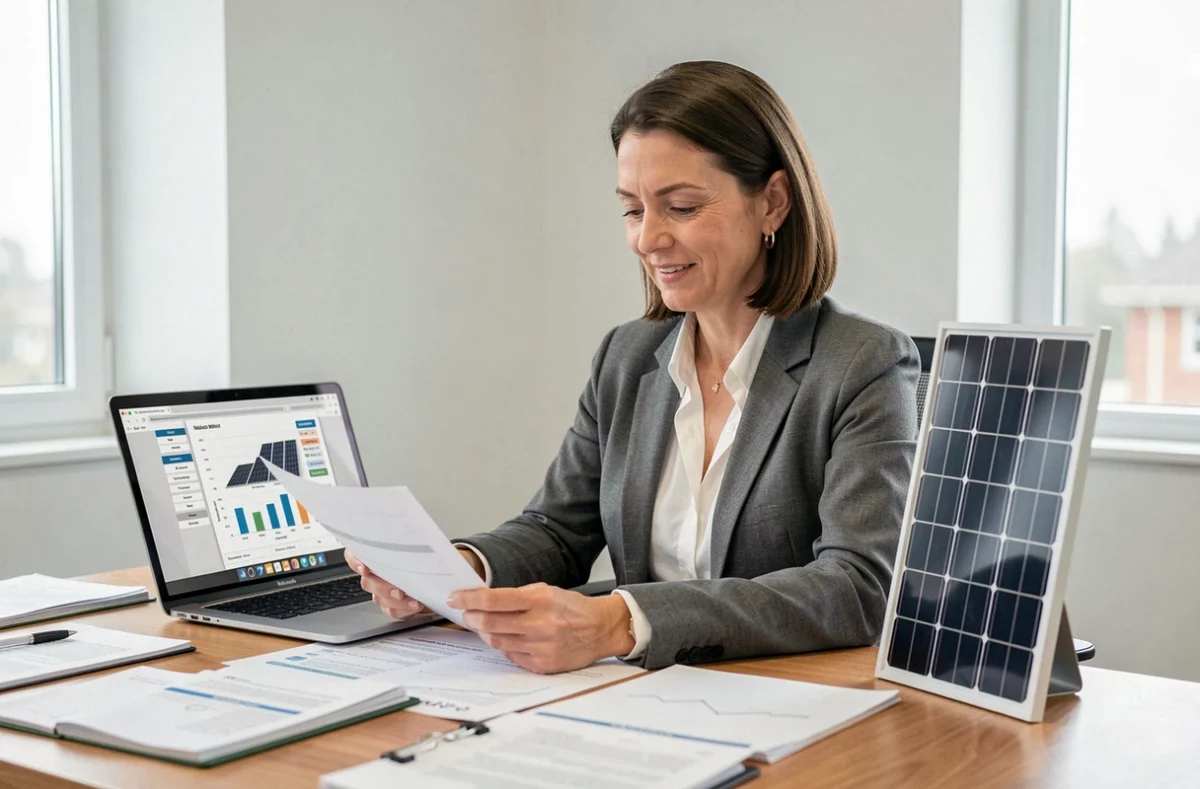 Consultante en énergie analysant les prix et documents de comparaison des panneaux solaires bi-verre dans un bureau moderne