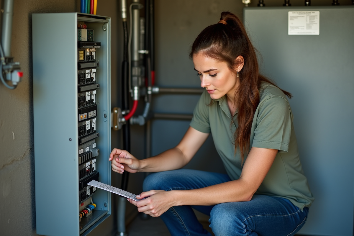 Jeune femme vérifiant un panneau électrique dans un local technique