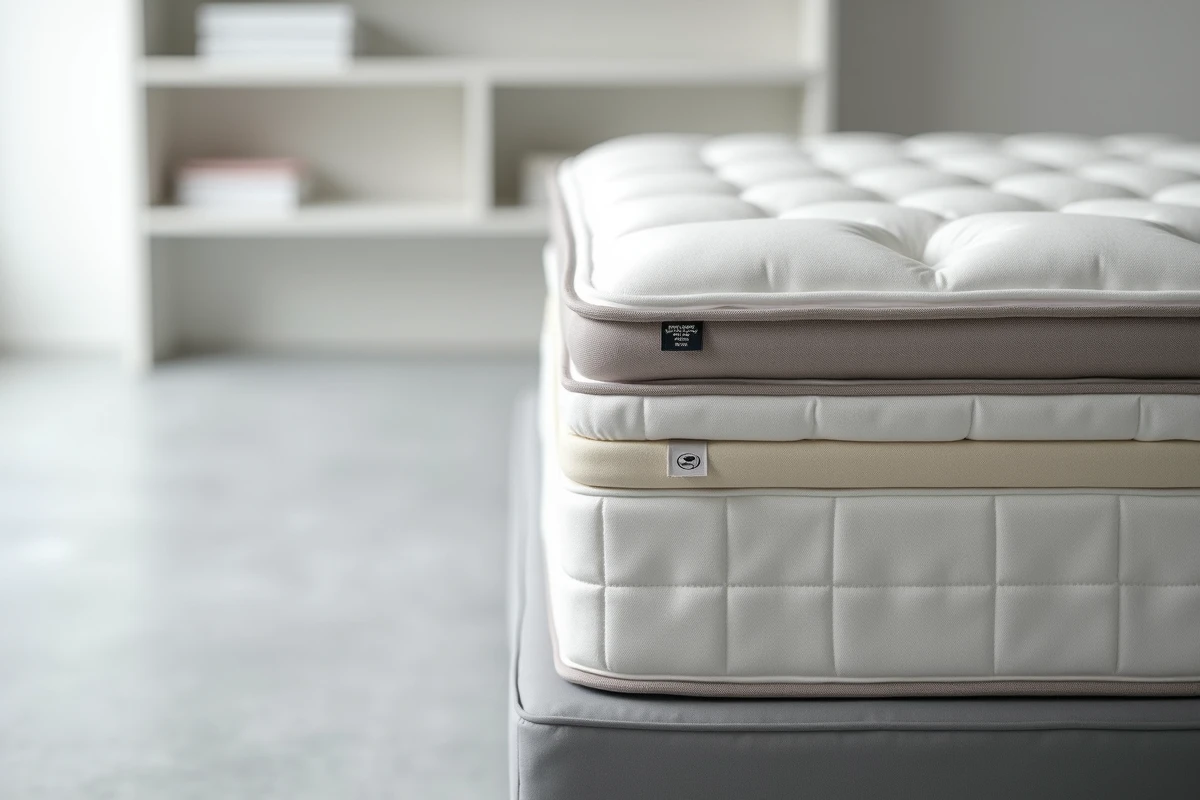 Coupe transversale d'un matelas Duvivier montrant les couches de mousses et ressorts dans un showroom épuré