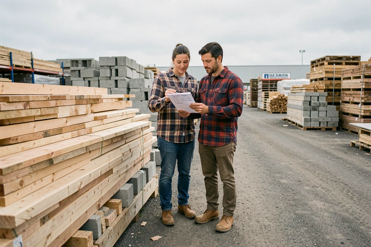 Un couple consulte une liste de courses devant des planches de bois dans un dépôt de matériaux bricolage à prix abordable