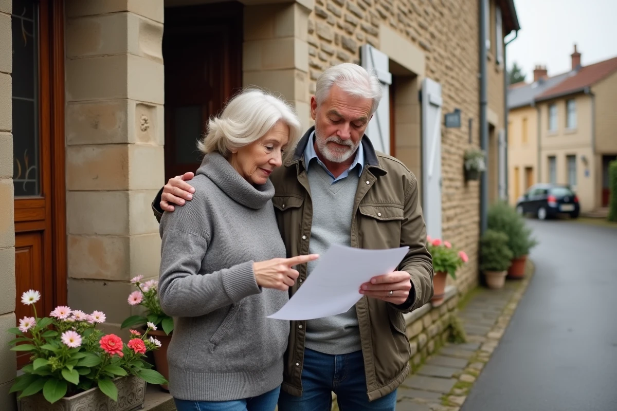 Couple examinant un courrier de sinistre de leur assurance habitation GMF devant leur maison en pierre