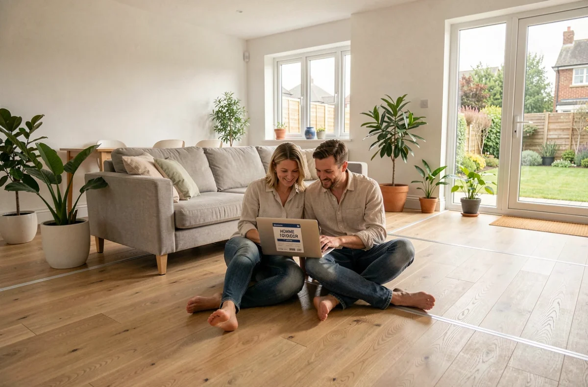 Couple calculant le coût au m2 d'un plancher chauffant dans un salon moderne avec parquet flottant