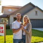 Couple heureux devant leur maison moderne avec panneau vente
