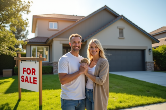 Couple heureux devant leur maison moderne avec panneau vente