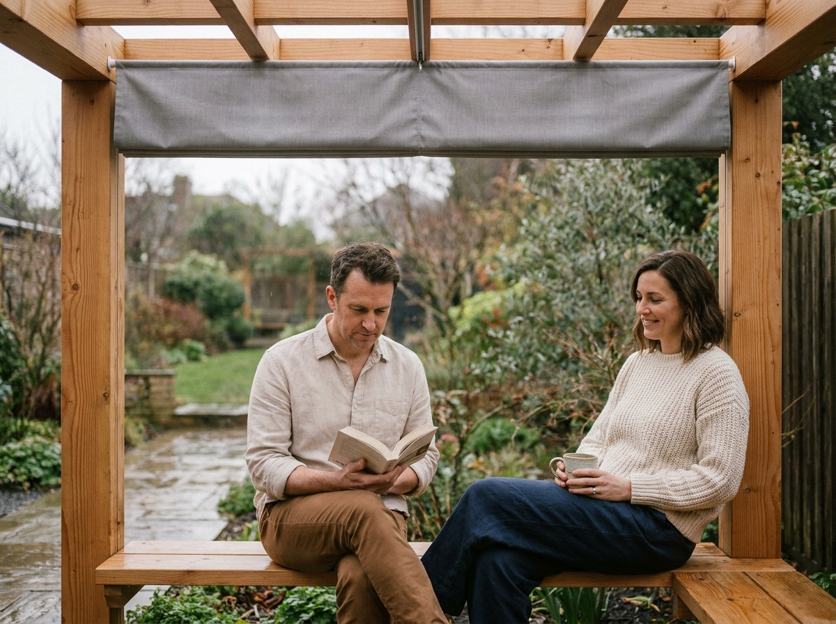 Couple détendu sous une pergola en bois avec toile rétractable par temps de pluie dans le jardin