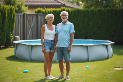 Couple souriant devant leur piscine hors sol dans le jardin