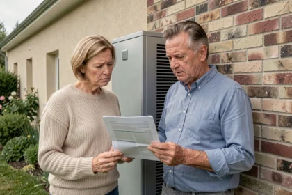 Couple devant une pompe à chaleur installée sur la façade d'une maison individuelle, tenant un document de financement