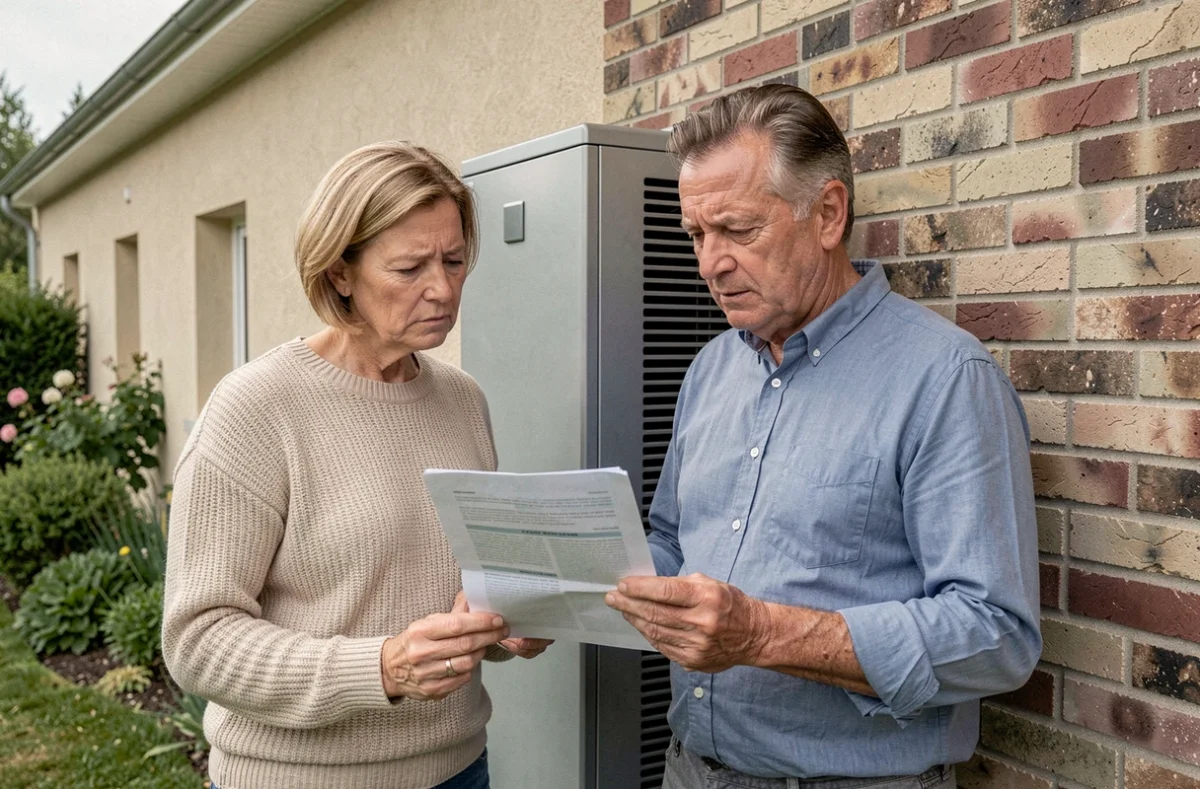 Couple devant une pompe à chaleur installée sur la façade d'une maison individuelle, tenant un document de financement