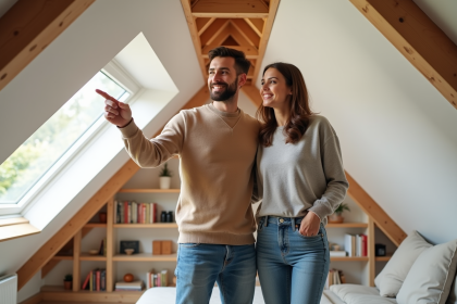 Couple dans un grenier rénové avec poutres en bois et bibliothèque