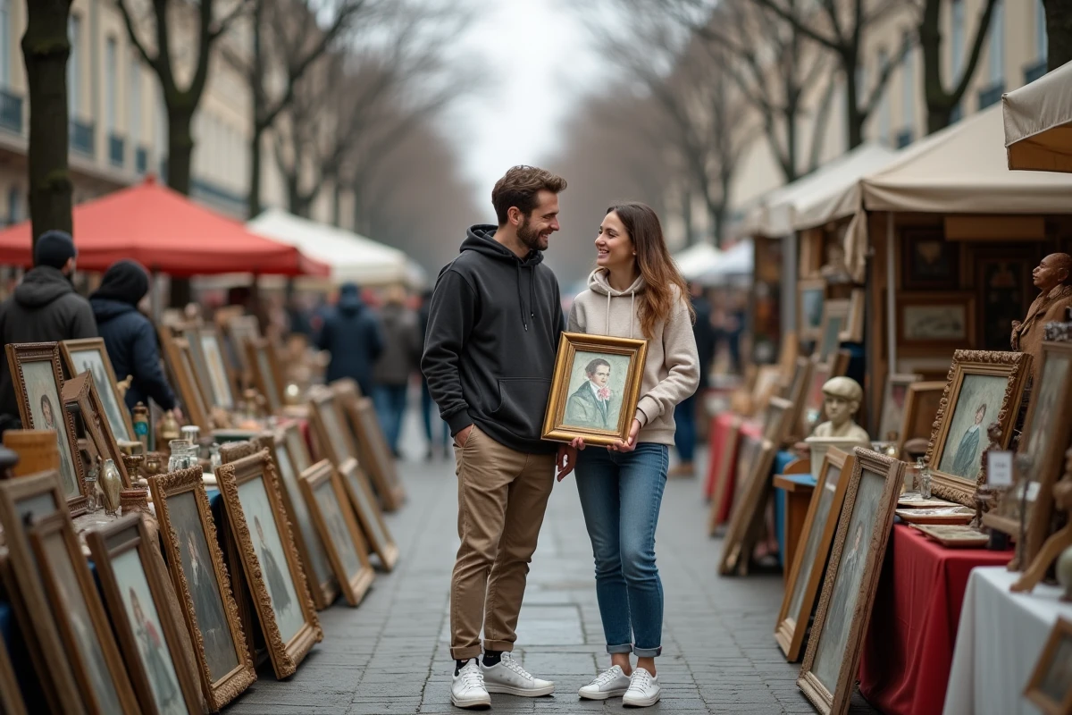 Couple découvrant un tableau ancien dans un vide grenier du département 92