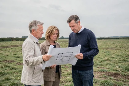 Couple examinant un plan de construction sur un terrain à bâtir dans le Nord de la France