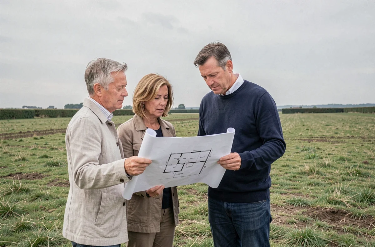 Couple examinant un plan de construction sur un terrain à bâtir dans le Nord de la France