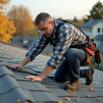 Ouvrier couvreur examinant des tuiles vieillissantes sur un toit en automne