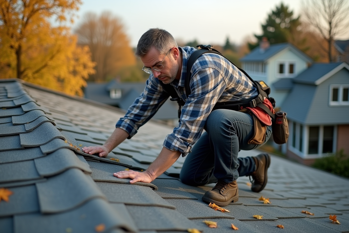Ouvrier couvreur examinant des tuiles vieillissantes sur un toit en automne