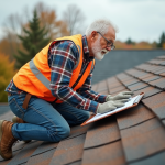 Couvreur âgé examine les tuiles du toit en suburbain