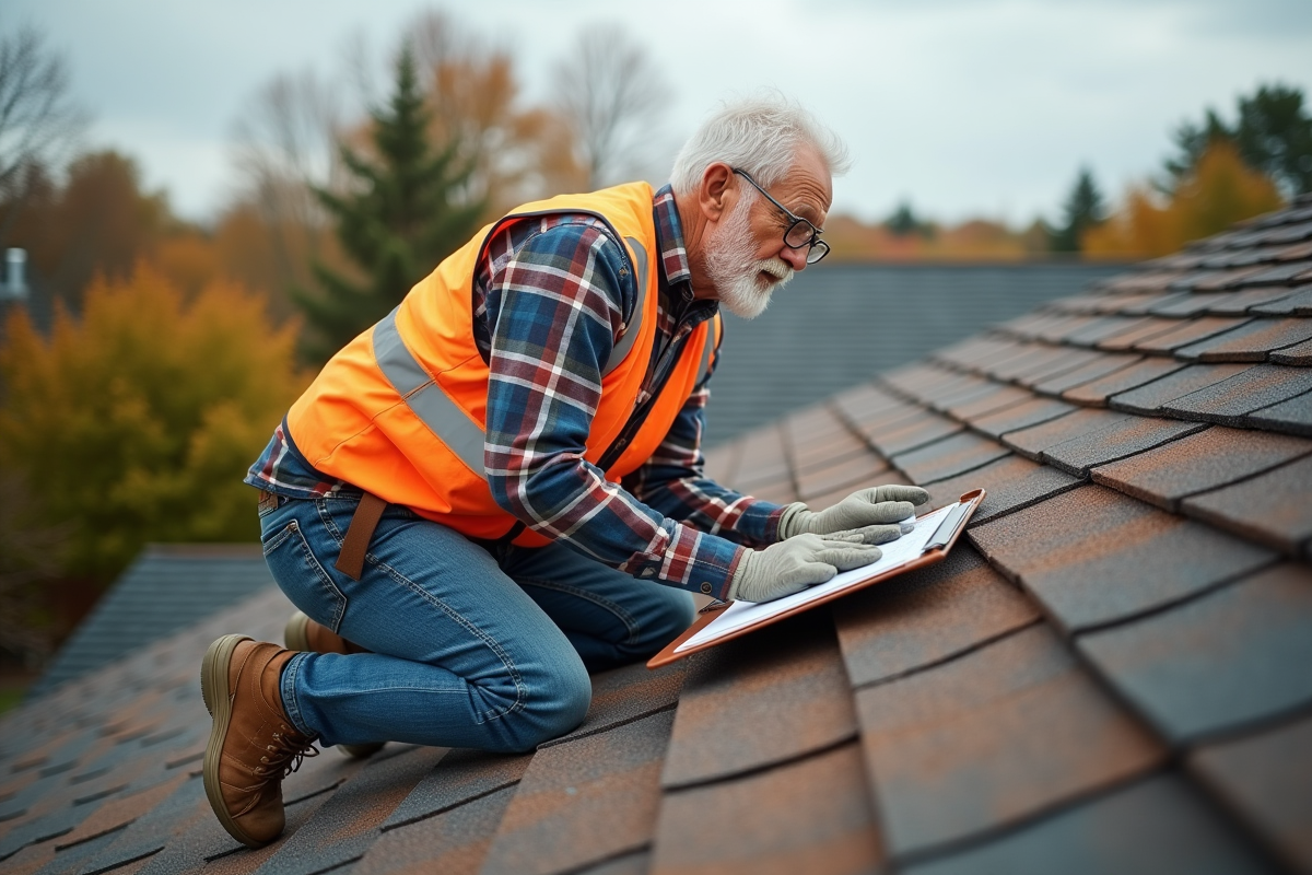 Couvreur âgé examine les tuiles du toit en suburbain