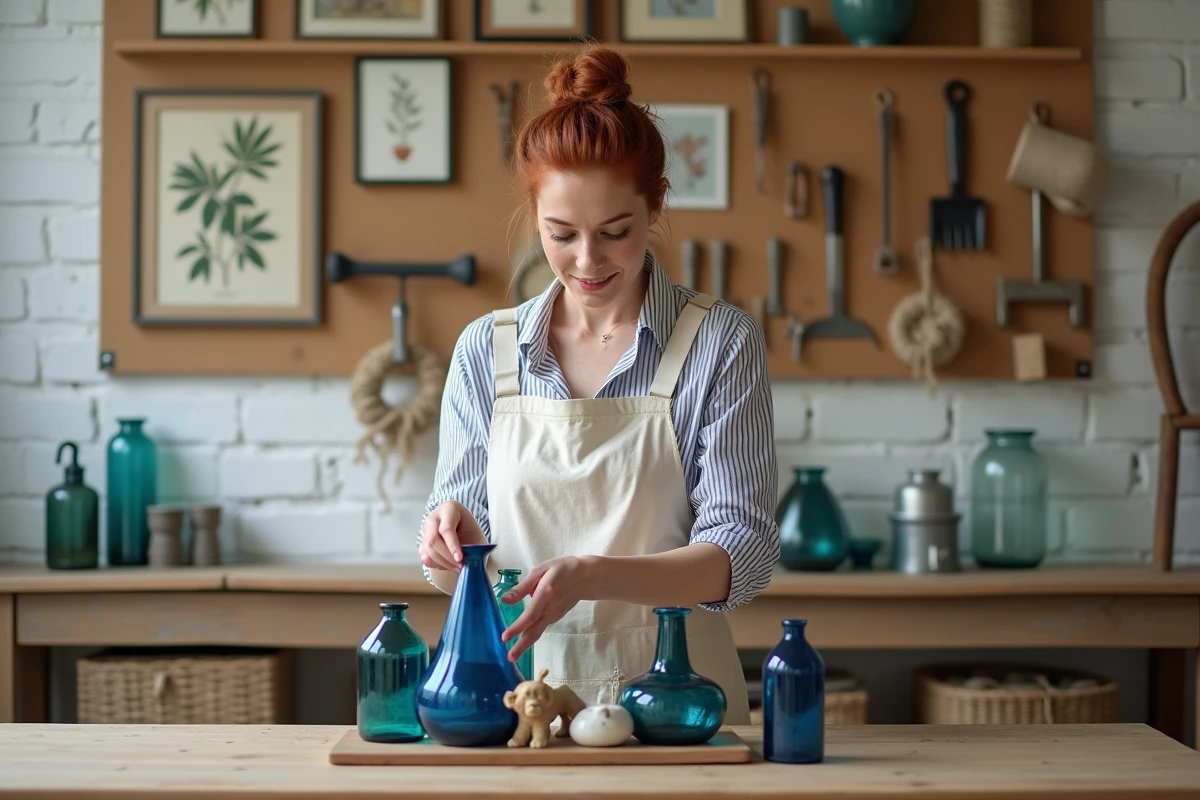 Femme arrangeant des objets de brocante sur une table en chêne brut dans un atelier de création décorative