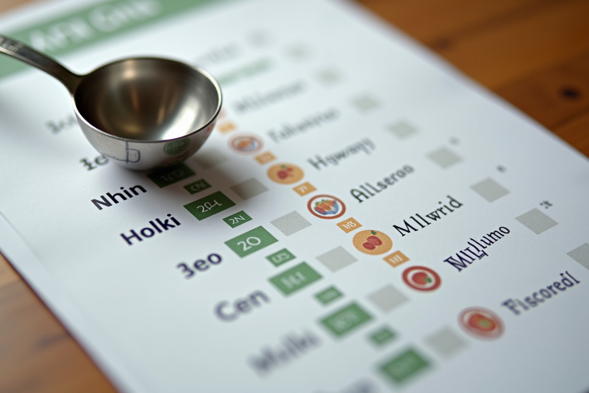 Cuillere mesureuse en metal avec tableau de conversion en cuisine