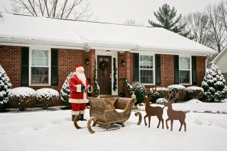 Décoration extérieure de Noël avec père Noël, traîneau en bois et rennes sur la pelouse d'une maison en brique