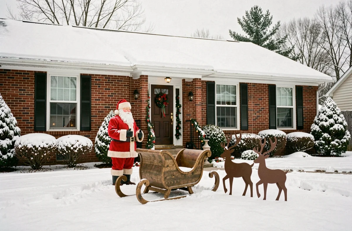 Décoration extérieure de Noël avec père Noël, traîneau en bois et rennes sur la pelouse d'une maison en brique