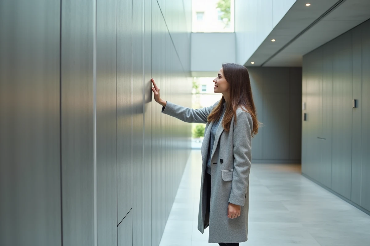 Jeune designer touchant un mur en aluminium RAL 9006 intérieur