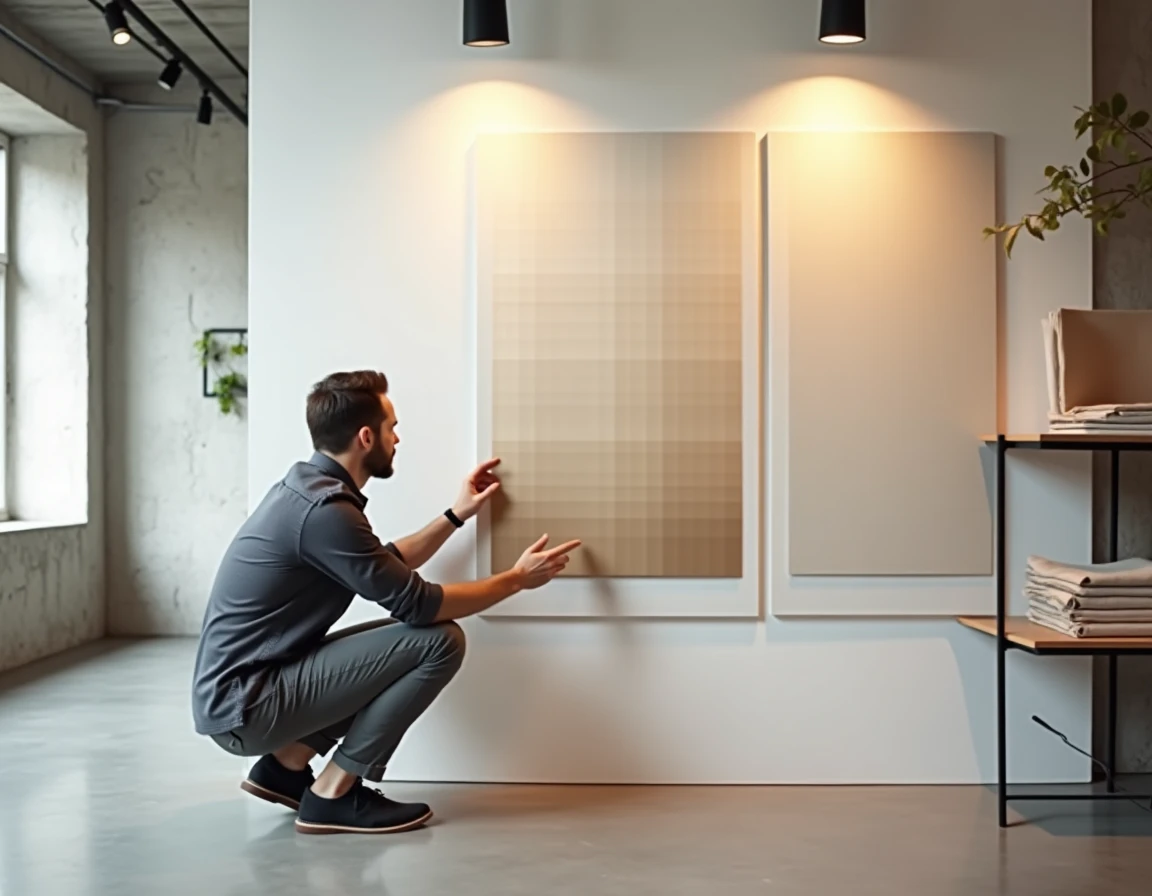 Designer intérieur comparant des nuanciers de peinture sous différentes sources de lumière dans un showroom minimaliste