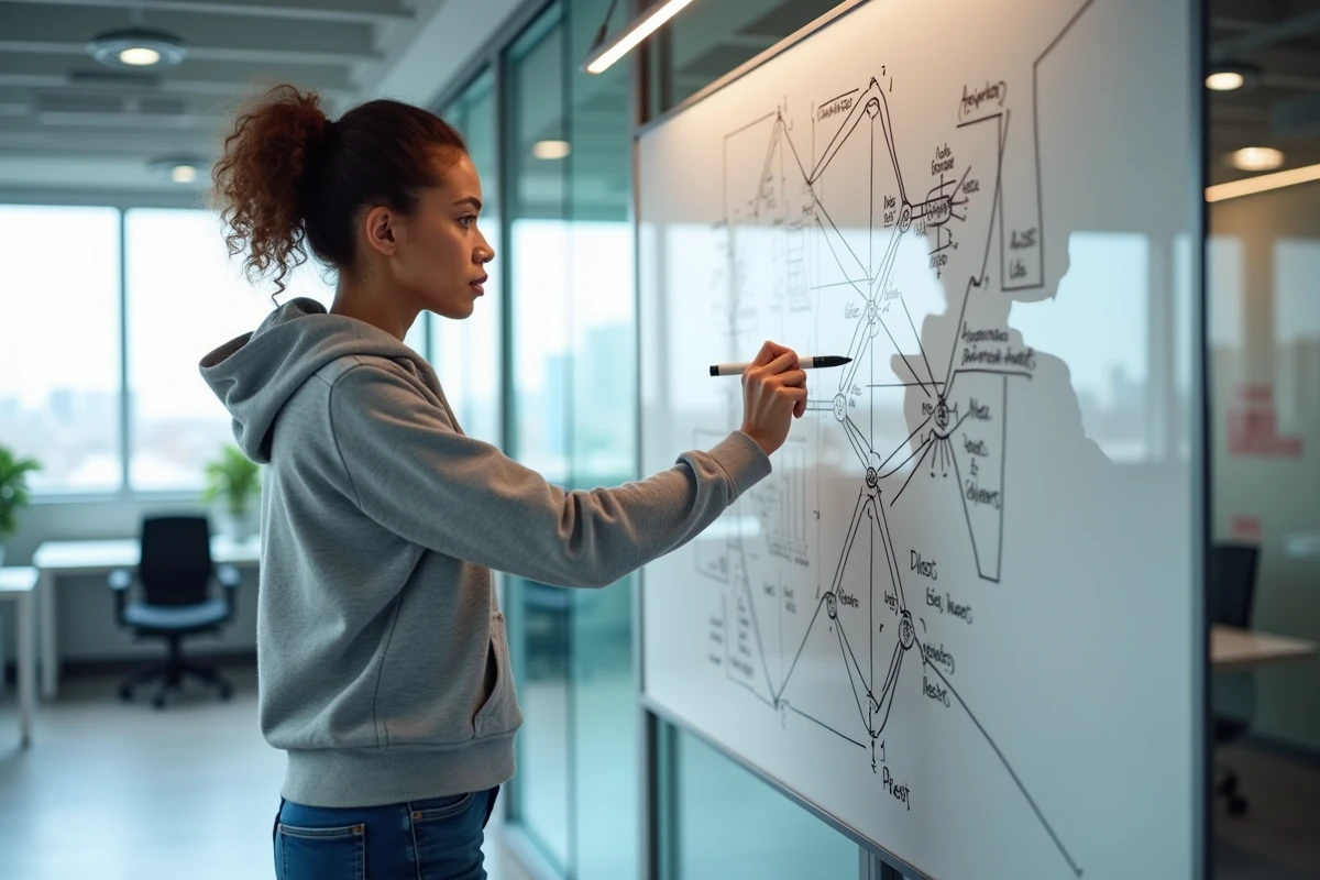 Jeune femme esquissant un diagramme électrique sur un tableau blanc