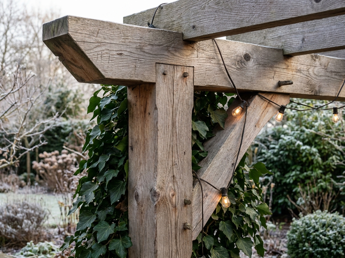 Détail de l'assemblage en bois d'une pergola artisanale avec lierre et guirlande lumineuse en hiver
