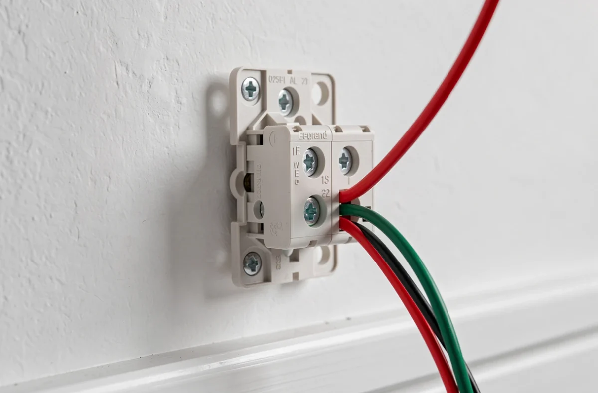 Gros plan sur les bornes et câblage d'un interrupteur double va-et-vient Legrand partiellement démonté sur un mur blanc