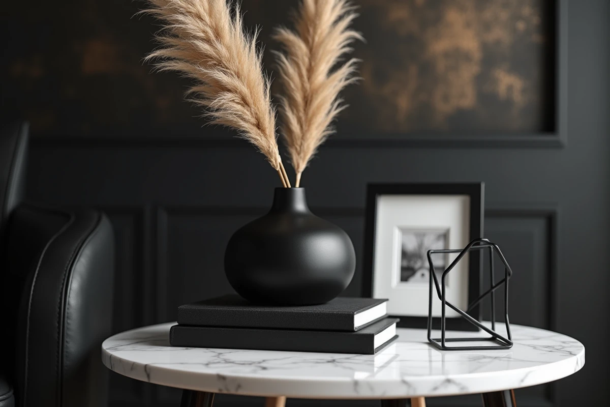 Détail de décoration salon coin table marbre blanche avec vase céramique noir et livres empilés style noir et blanc