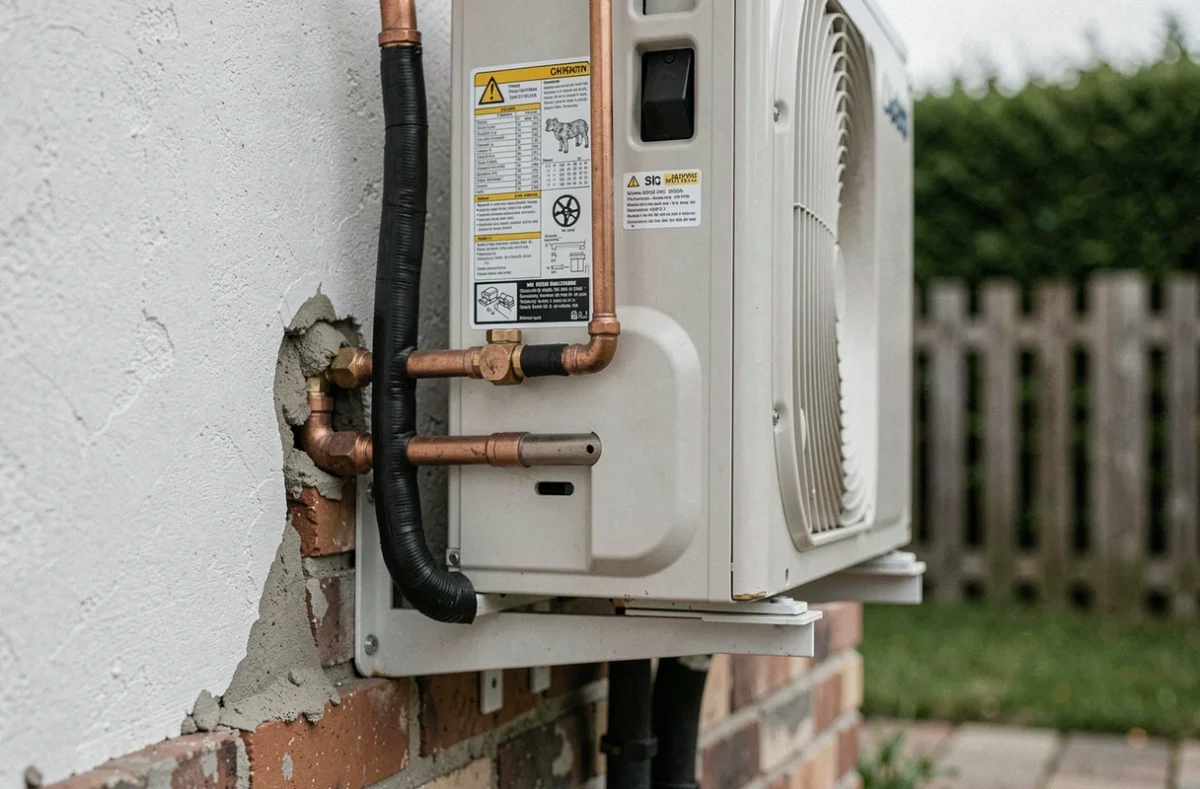Détail des raccordements en cuivre d'une pompe à chaleur extérieure fixée sur un mur de maison individuelle