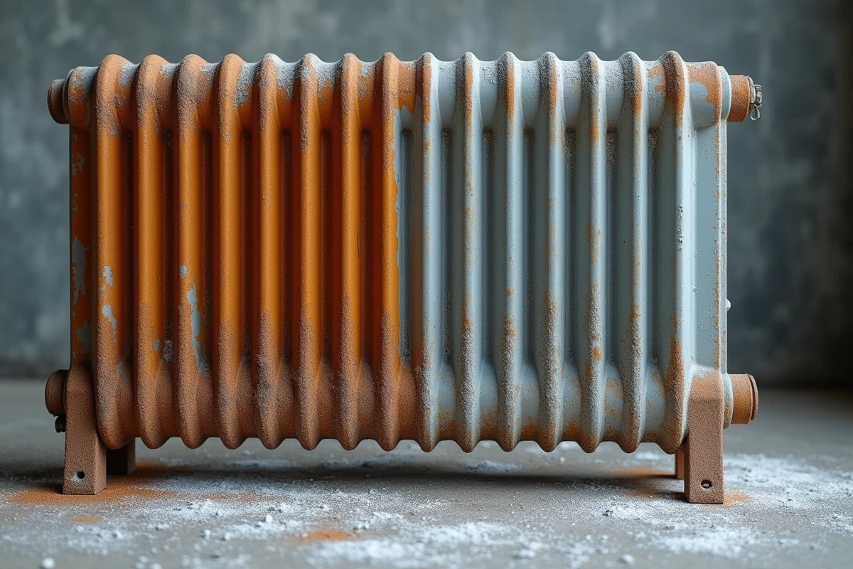 Détail d'un radiateur en acier à moitié sablé, montrant le contraste entre la rouille et le métal brut décapé prêt pour la rénovation