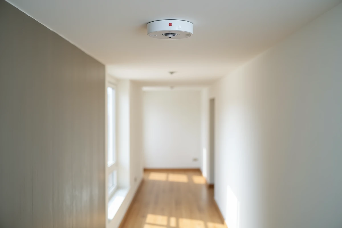 Détecteur autonome Angeleye monté au plafond d'un couloir d'appartement moderne avec indicateur LED visible