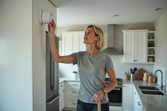 Femme dans une cuisine vérifiant un détecteur de fumée qui sonne sans raison apparente