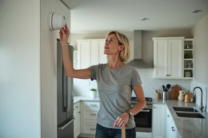 Femme dans une cuisine vérifiant un détecteur de fumée qui sonne sans raison apparente